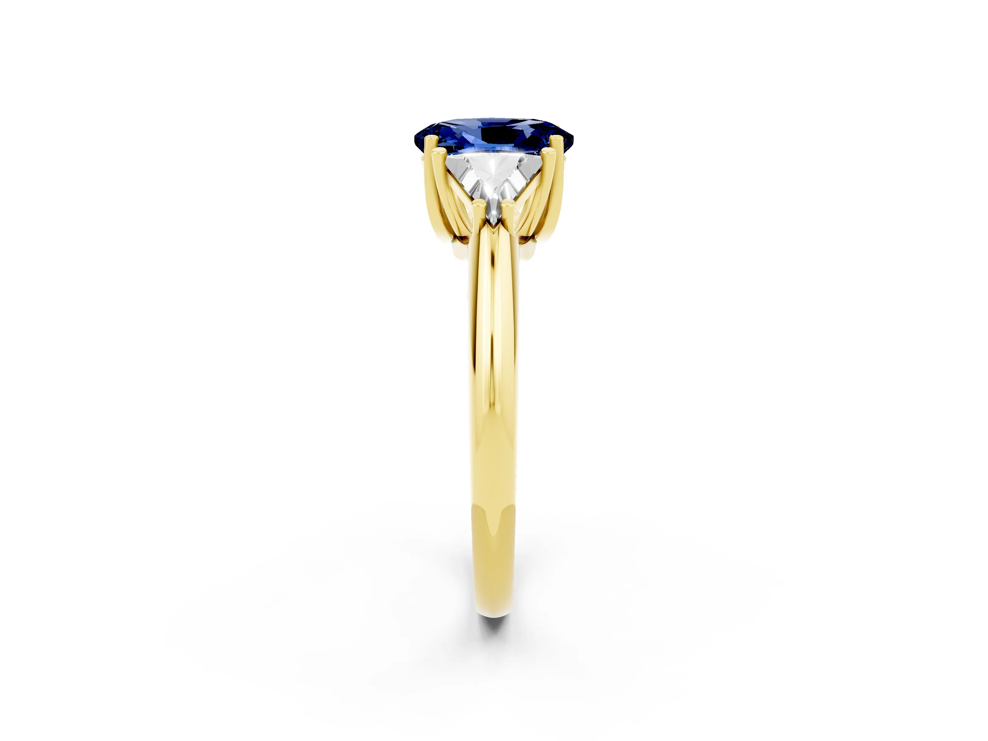 Yellow gold Three-Stone Oval Cut Cut Diamond Ring with Trillion Side Stones and Four-Prong Setting_2