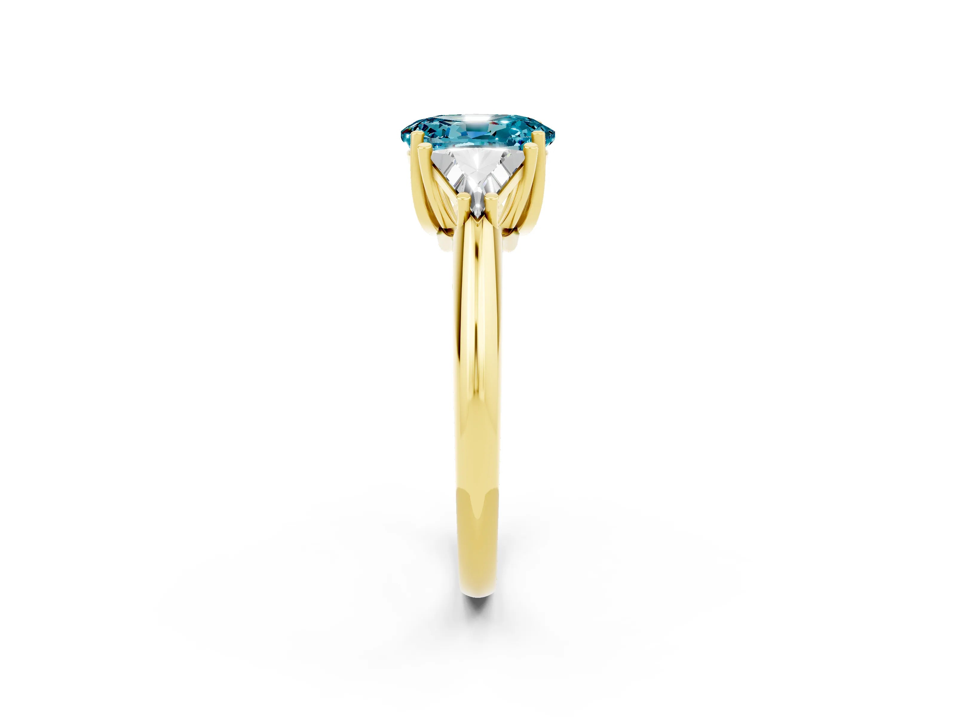 Yellow gold Three-Stone Oval Cut Cut Diamond Ring with Trillion Side Stones and Four-Prong Setting_2