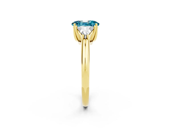 Yellow gold Three-Stone Oval Cut Cut Diamond Ring with Trillion Side Stones and Four-Prong Setting