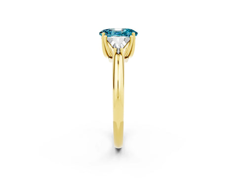 Yellow gold Three-Stone Oval Cut Cut Diamond Ring with Trillion Side Stones and Four-Prong Setting_2