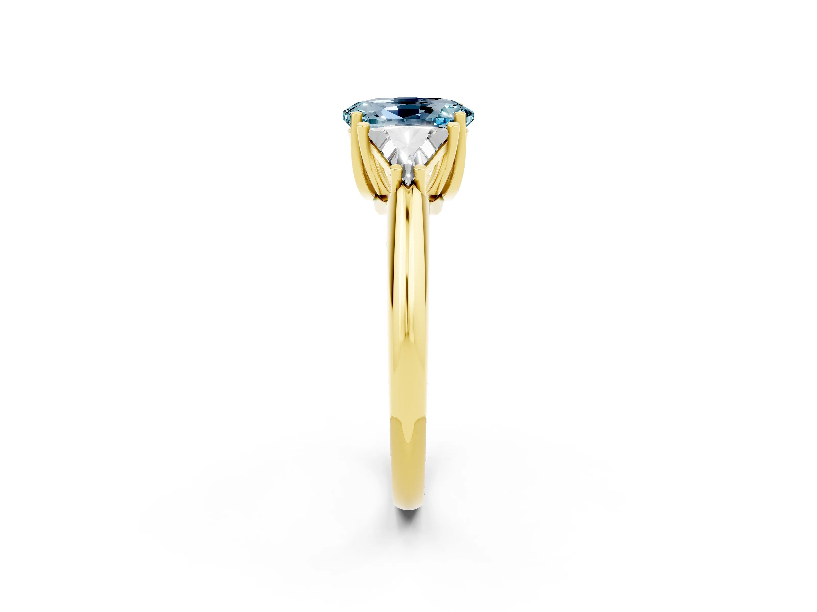 Yellow gold Three-Stone Oval Cut Cut Diamond Ring with Trillion Side Stones and Four-Prong Setting_2
