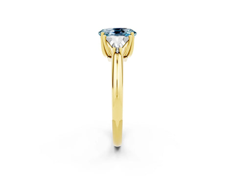 Yellow gold Three-Stone Oval Cut Cut Diamond Ring with Trillion Side Stones and Four-Prong Setting_2