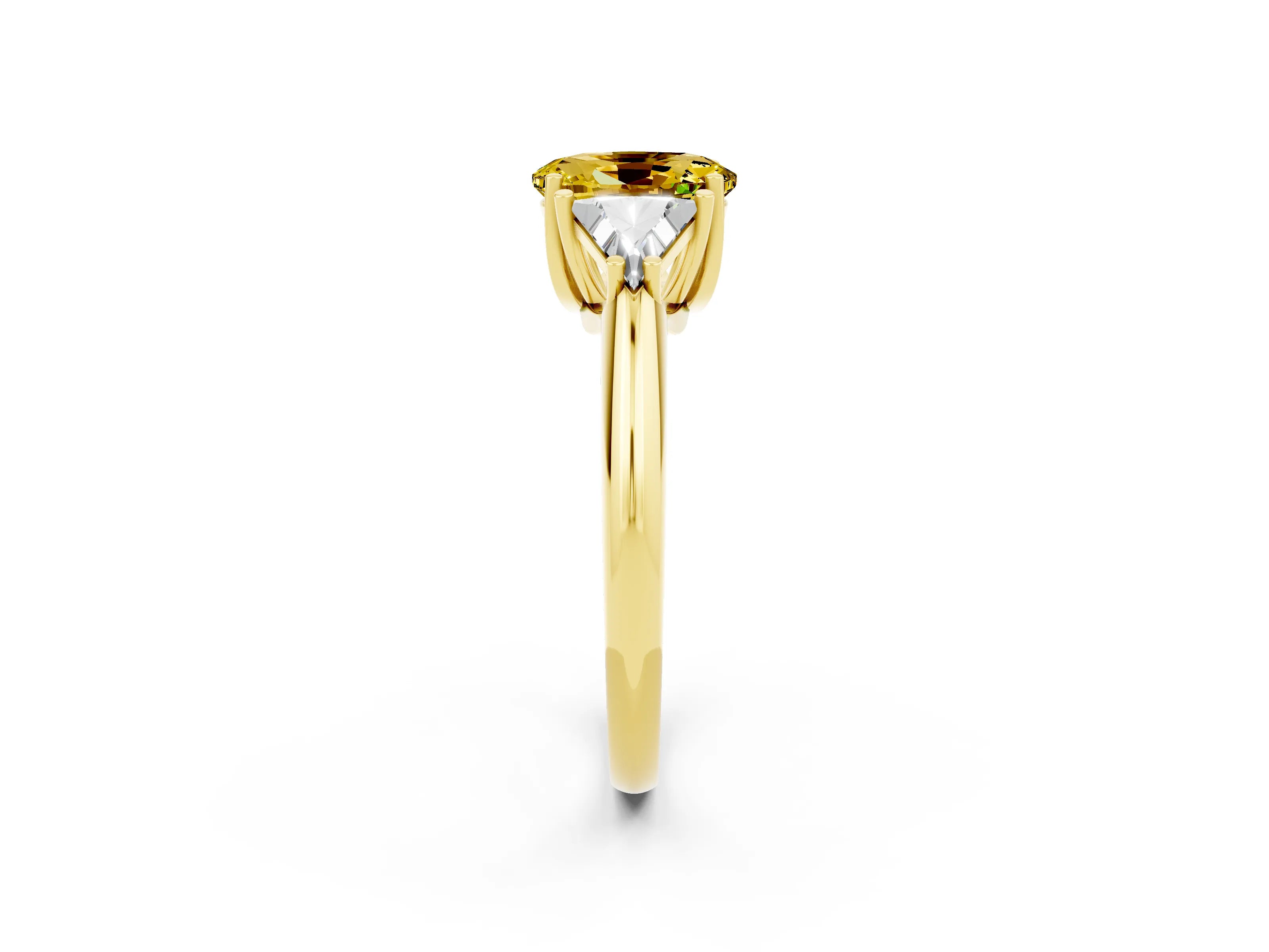 Yellow gold Three-Stone Oval Cut Cut Diamond Ring with Trillion Side Stones and Four-Prong Setting_2