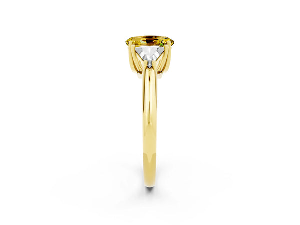 Yellow gold Three-Stone Oval Cut Yellow Sapphire Engagement Ring with Trillion Side Stones and Prong Setting