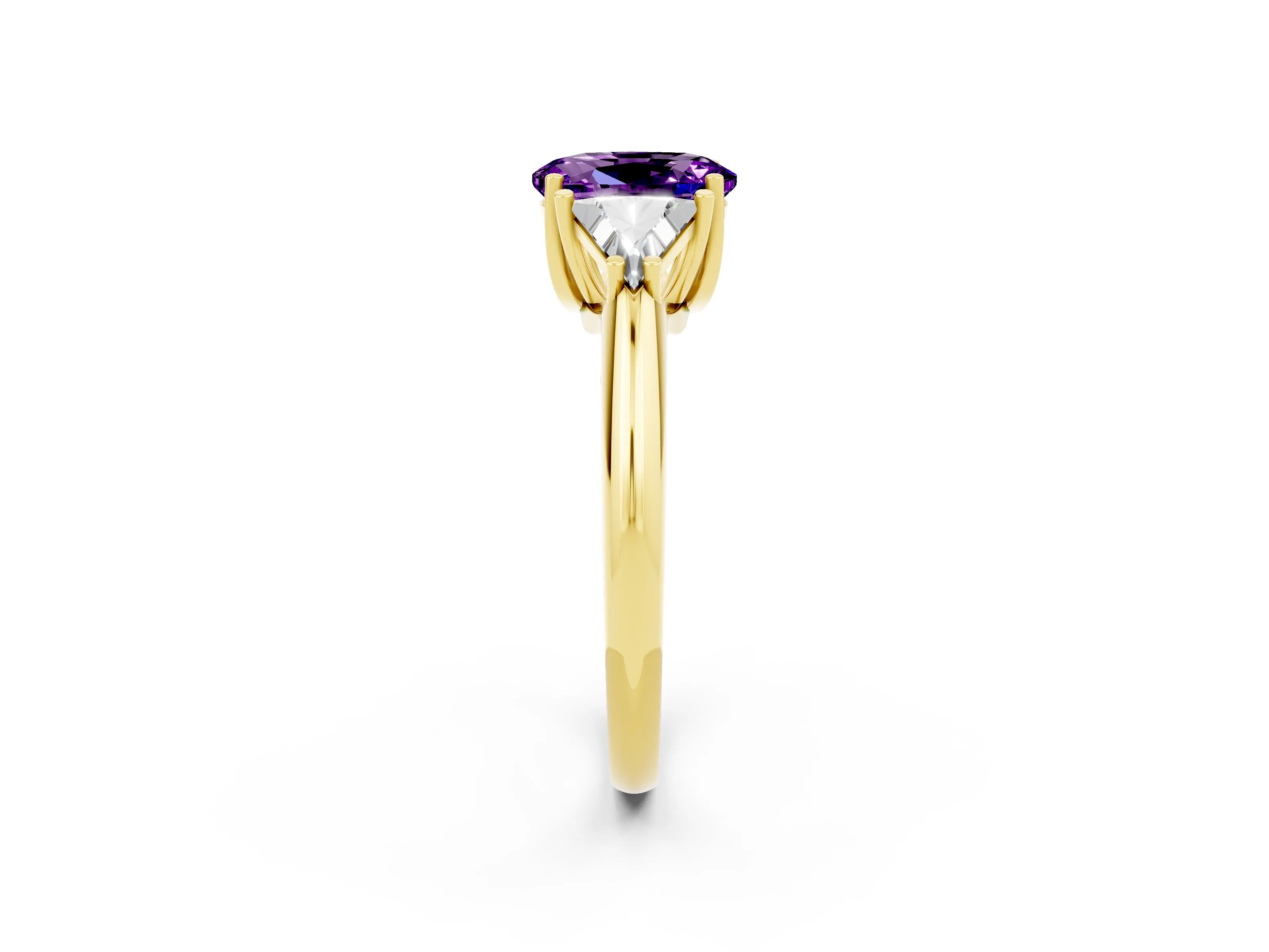 Yellow gold Three-Stone Oval Cut Cut Diamond Ring with Trillion Side Stones and Four-Prong Setting_2