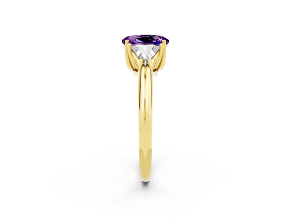 Yellow gold Three-Stone Oval Cut Amethyst Engagement Ring with Trillion Side Stones and Prong Setting