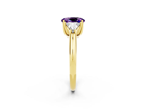 Yellow gold Three-Stone Oval Cut Cut Diamond Ring with Trillion Side Stones and Four-Prong Setting_2