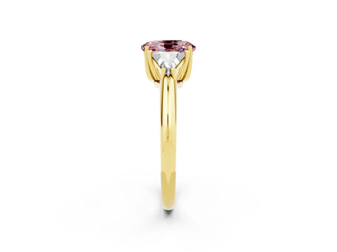 Yellow gold Three-Stone Oval Cut Cut Diamond Ring with Trillion Side Stones and Four-Prong Setting_2