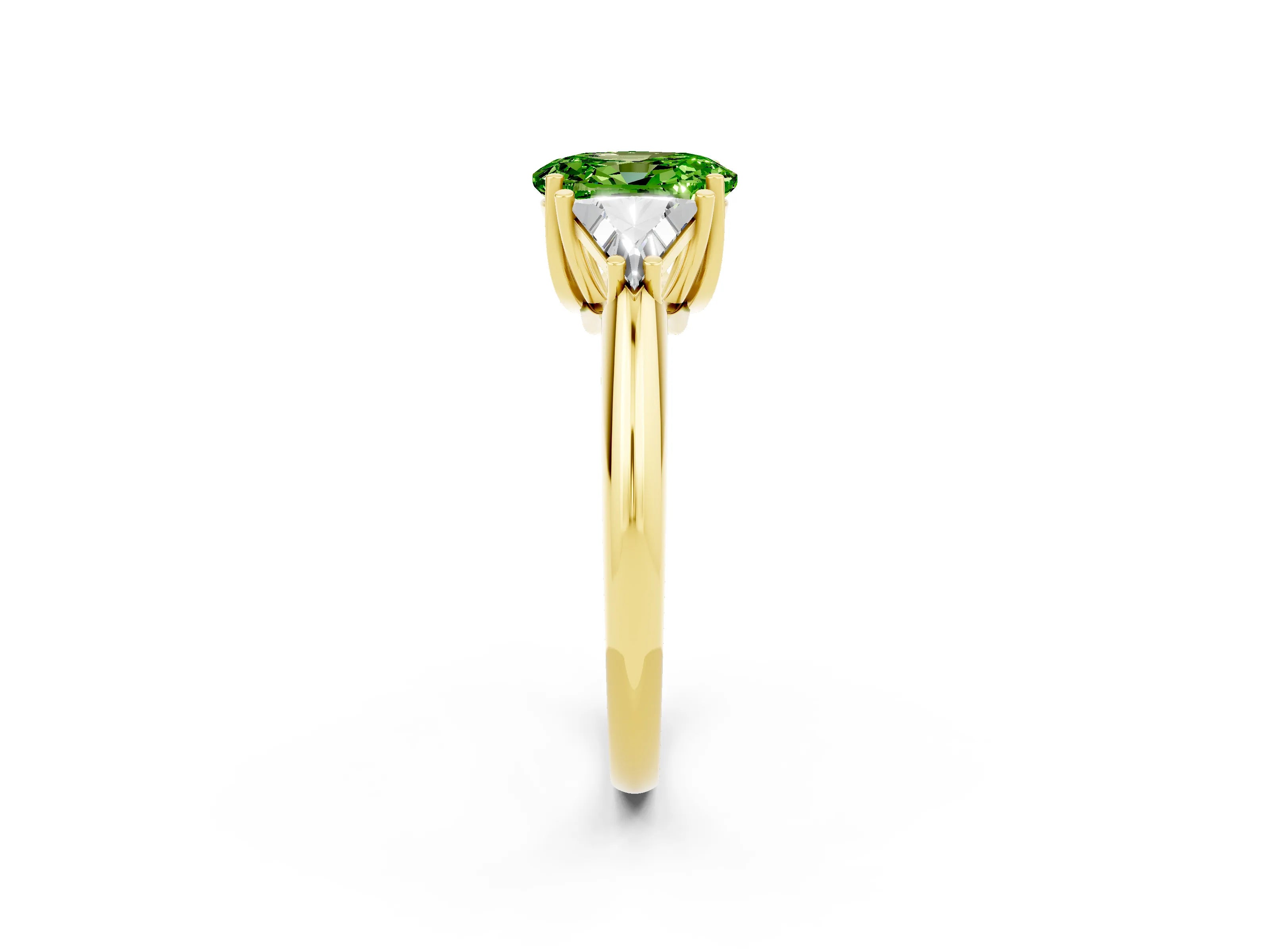 Yellow gold Three-Stone Oval Cut Cut Diamond Ring with Trillion Side Stones and Four-Prong Setting_2