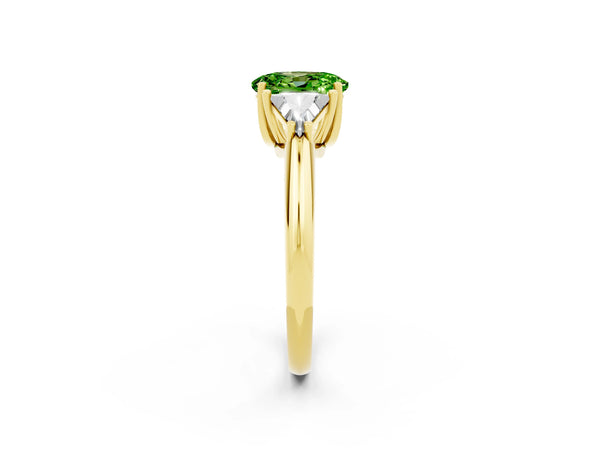 Yellow gold Three-Stone Oval Cut Cut Diamond Ring with Trillion Side Stones and Four-Prong Setting