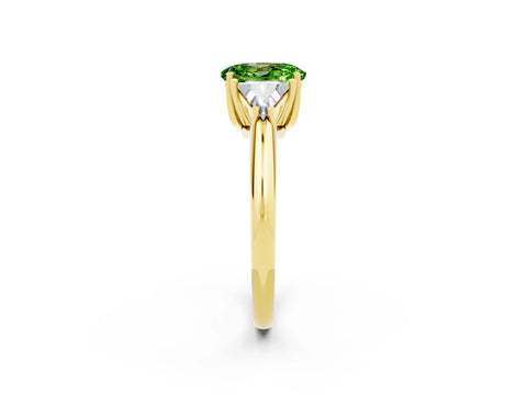 Yellow gold Three-Stone Oval Cut Cut Diamond Ring with Trillion Side Stones and Four-Prong Setting_2