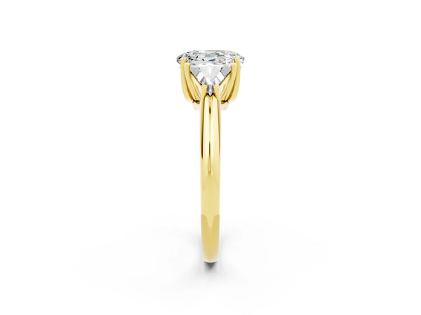 Yellow gold Three-Stone Oval Cut Moissanite Engagement Ring with Trillion Side Stones and Prong Setting