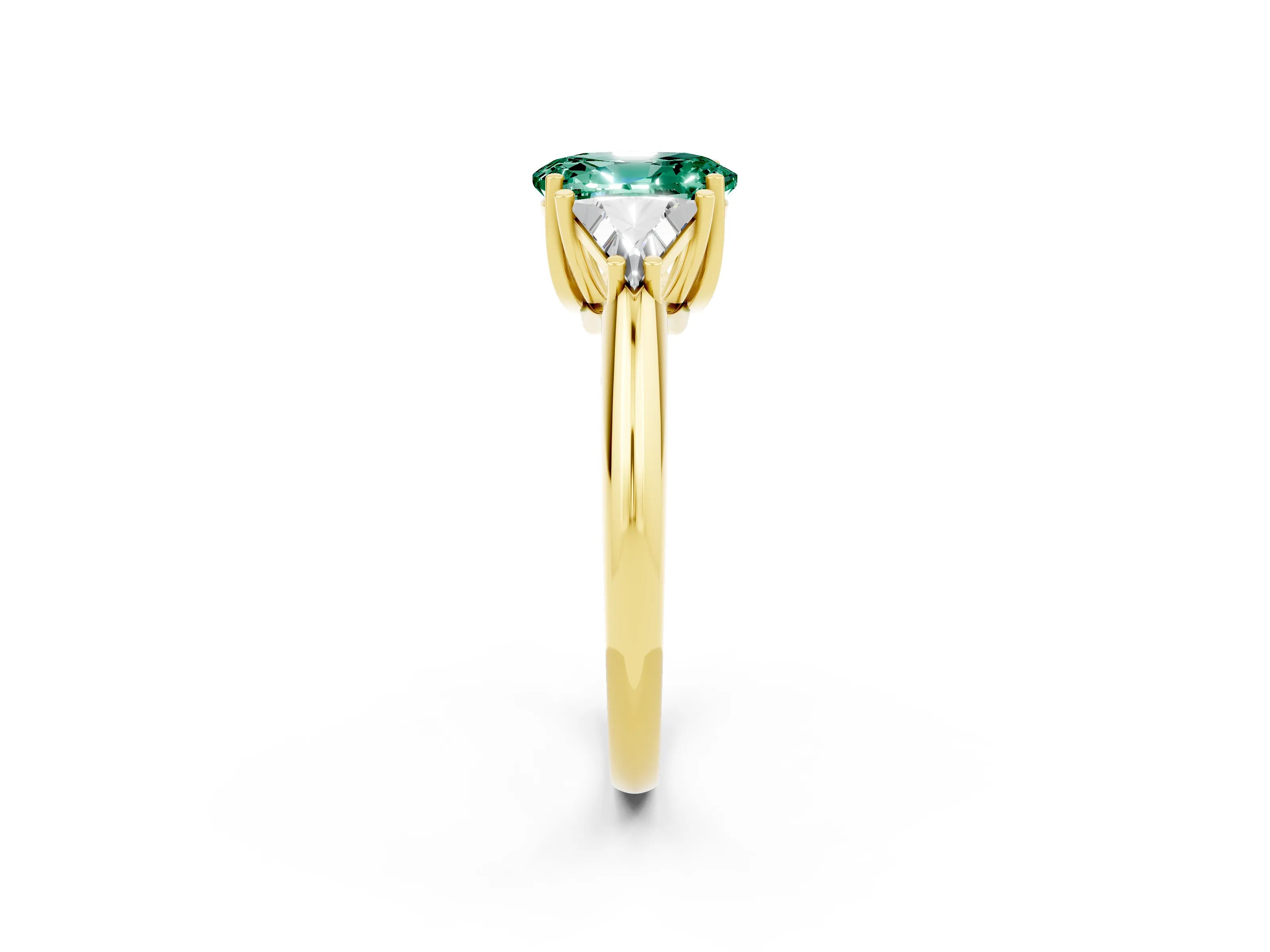 Yellow gold Three-Stone Oval Cut Cut Diamond Ring with Trillion Side Stones and Four-Prong Setting_2