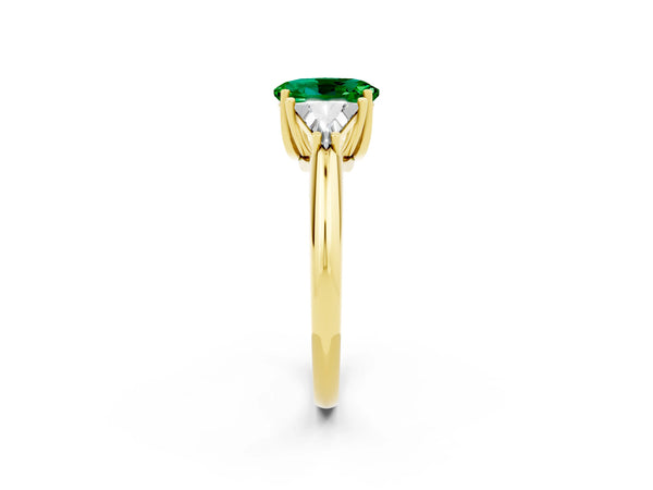 Yellow gold Three-Stone Oval Cut Emerald Engagement Ring with Trillion Side Stones and Prong Setting