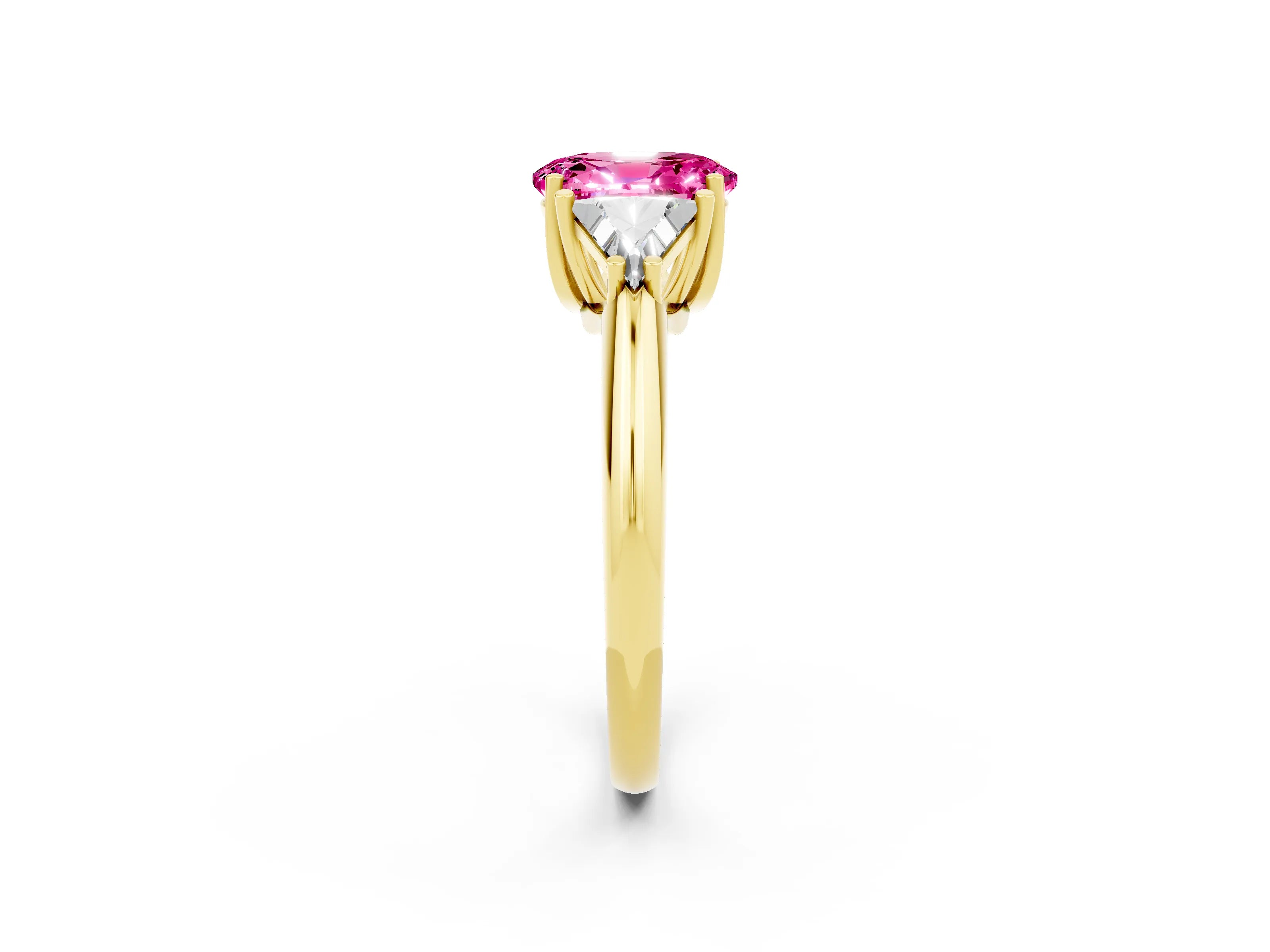 Yellow gold Three-Stone Oval Cut Cut Diamond Ring with Trillion Side Stones and Four-Prong Setting_2