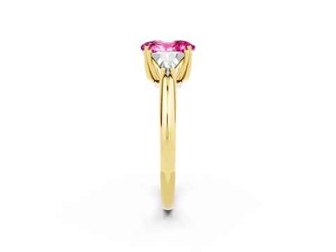 Yellow gold Three-Stone Oval Cut Cut Diamond Ring with Trillion Side Stones and Four-Prong Setting_2