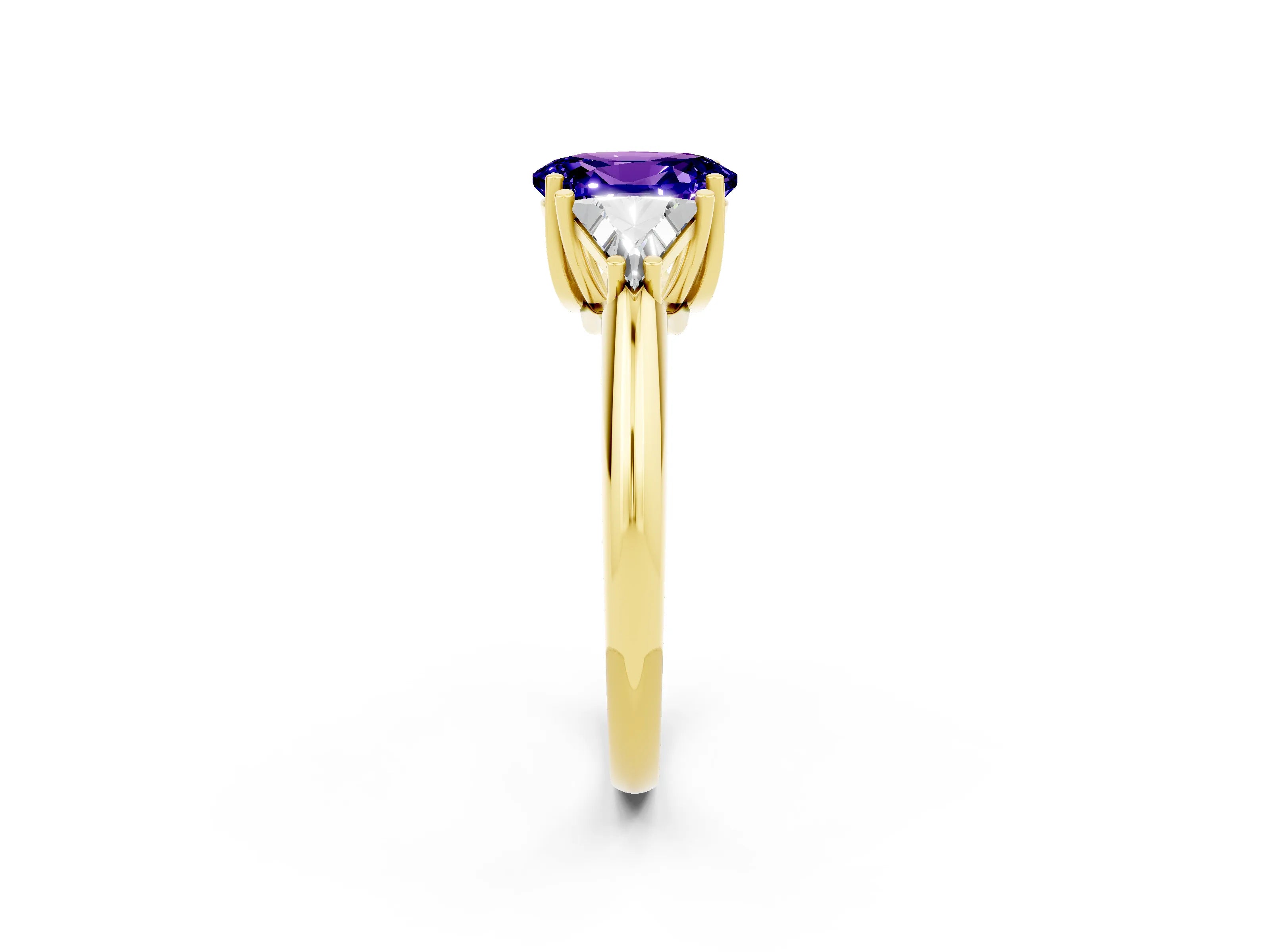 Yellow gold Three-Stone Oval Cut Cut Diamond Ring with Trillion Side Stones and Four-Prong Setting_2