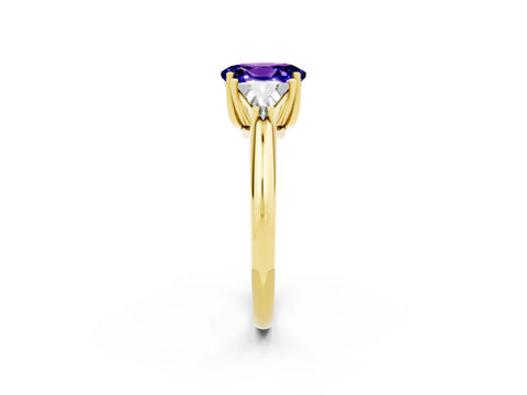 Yellow gold Three-Stone Oval Cut Cut Diamond Ring with Trillion Side Stones and Four-Prong Setting_2