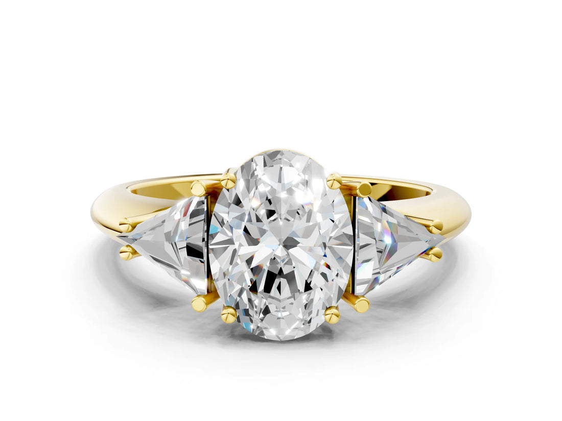 Yellow gold Three-Stone Oval Cut Cut Diamond Ring with Trillion Side Stones and Four-Prong Setting_3