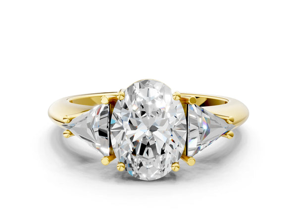 Yellow gold Three-Stone Oval Cut Cut Diamond Ring with Trillion Side Stones and Four-Prong Setting