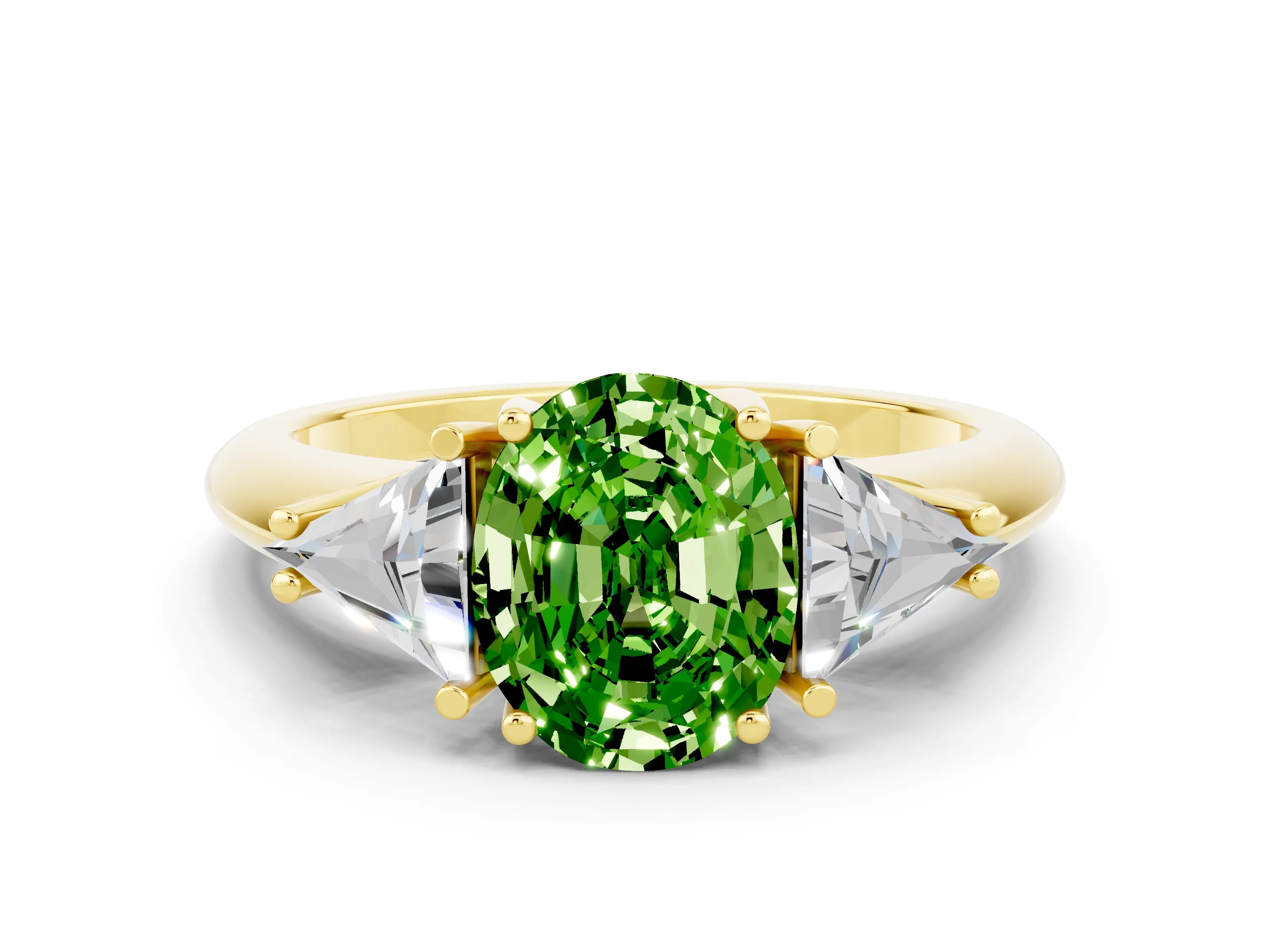Yellow gold Three-Stone Oval Cut Cut Diamond Ring with Trillion Side Stones and Four-Prong Setting