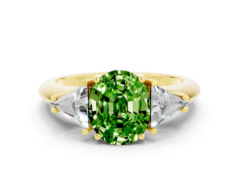 Yellow gold Three-Stone Oval Cut Cut Diamond Ring with Trillion Side Stones and Four-Prong Setting