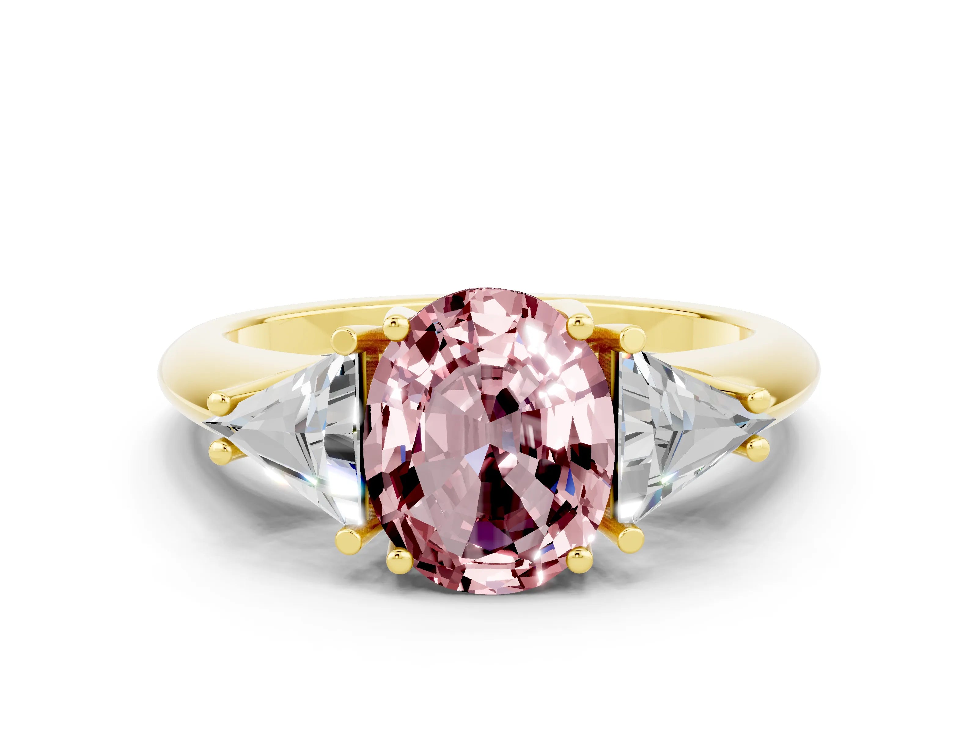 Yellow gold Three-Stone Oval Cut Cut Diamond Ring with Trillion Side Stones and Four-Prong Setting