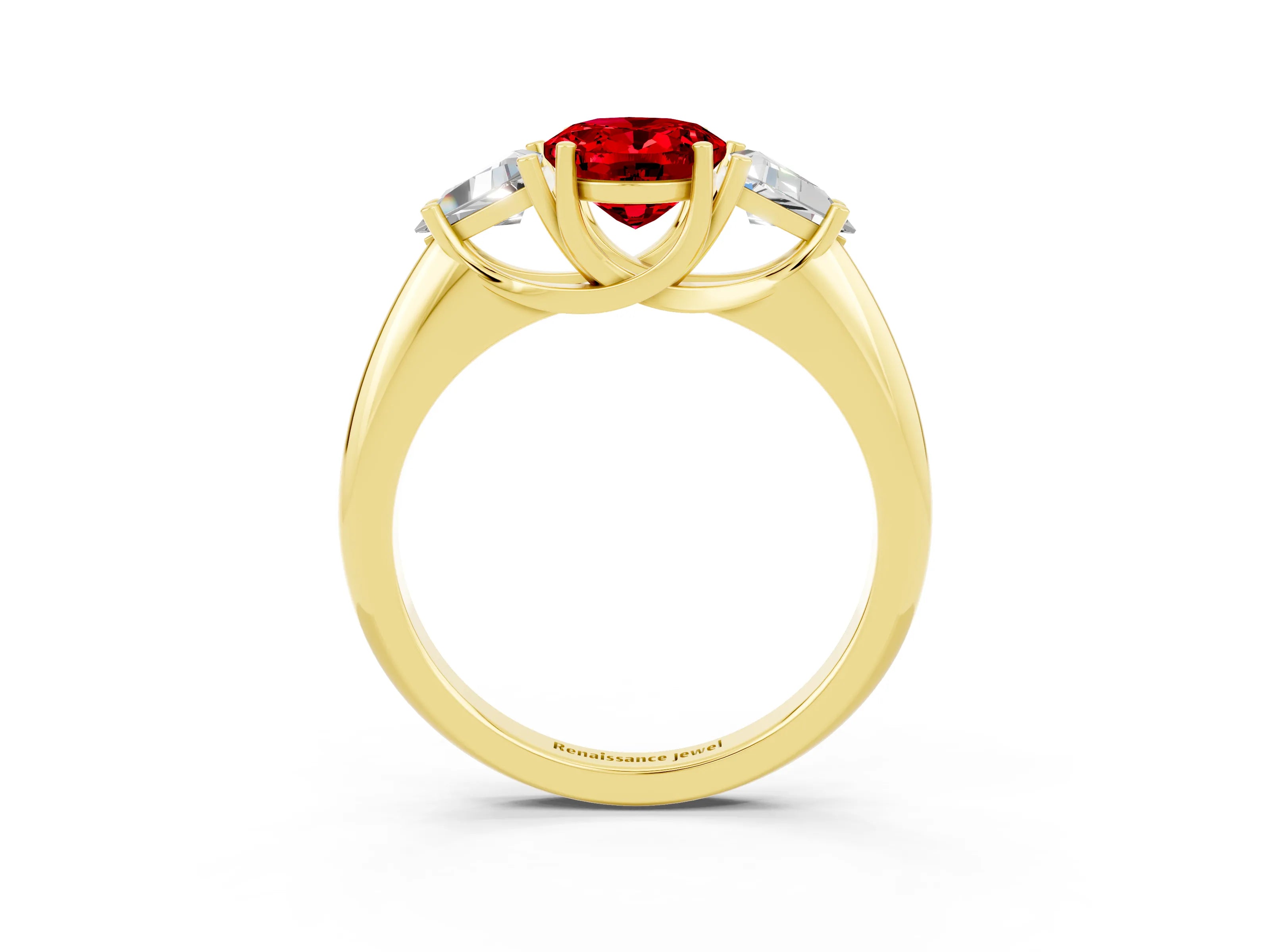 Yellow gold Three-Stone Oval Cut Cut Diamond Ring with Trillion Side Stones and Four-Prong Setting_3