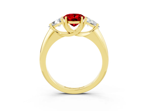 Yellow gold Three-Stone Oval Cut Cut Diamond Ring with Trillion Side Stones and Four-Prong Setting