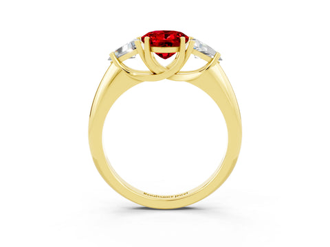 Yellow gold Three-Stone Oval Cut Cut Diamond Ring with Trillion Side Stones and Four-Prong Setting_3