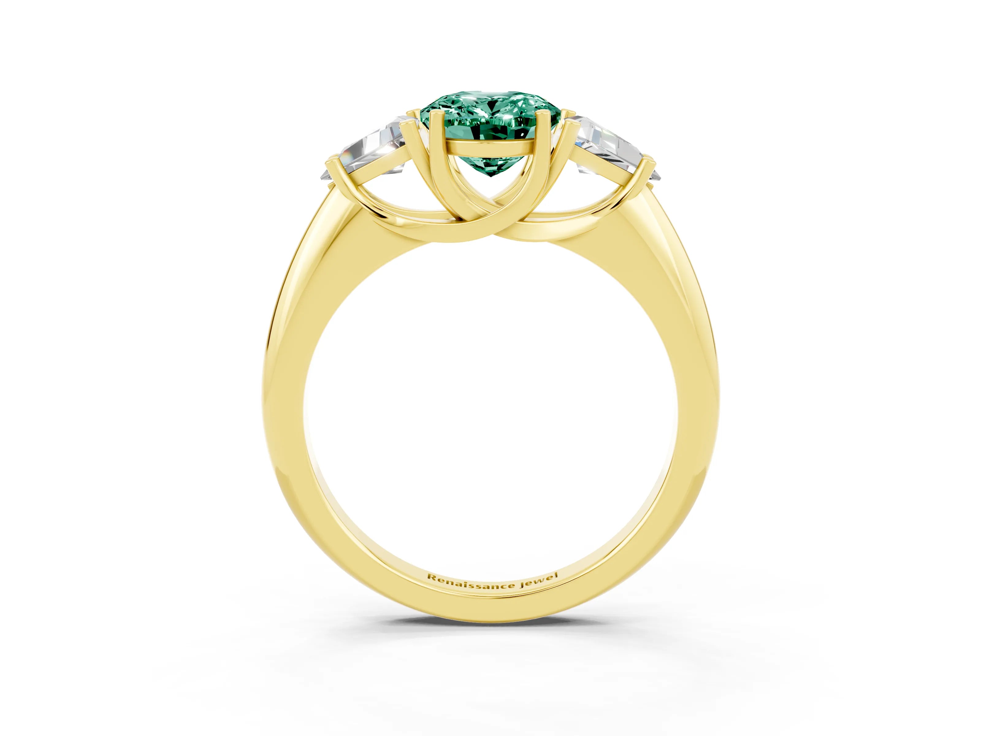 Yellow gold Three-Stone Oval Cut Cut Diamond Ring with Trillion Side Stones and Four-Prong Setting_3