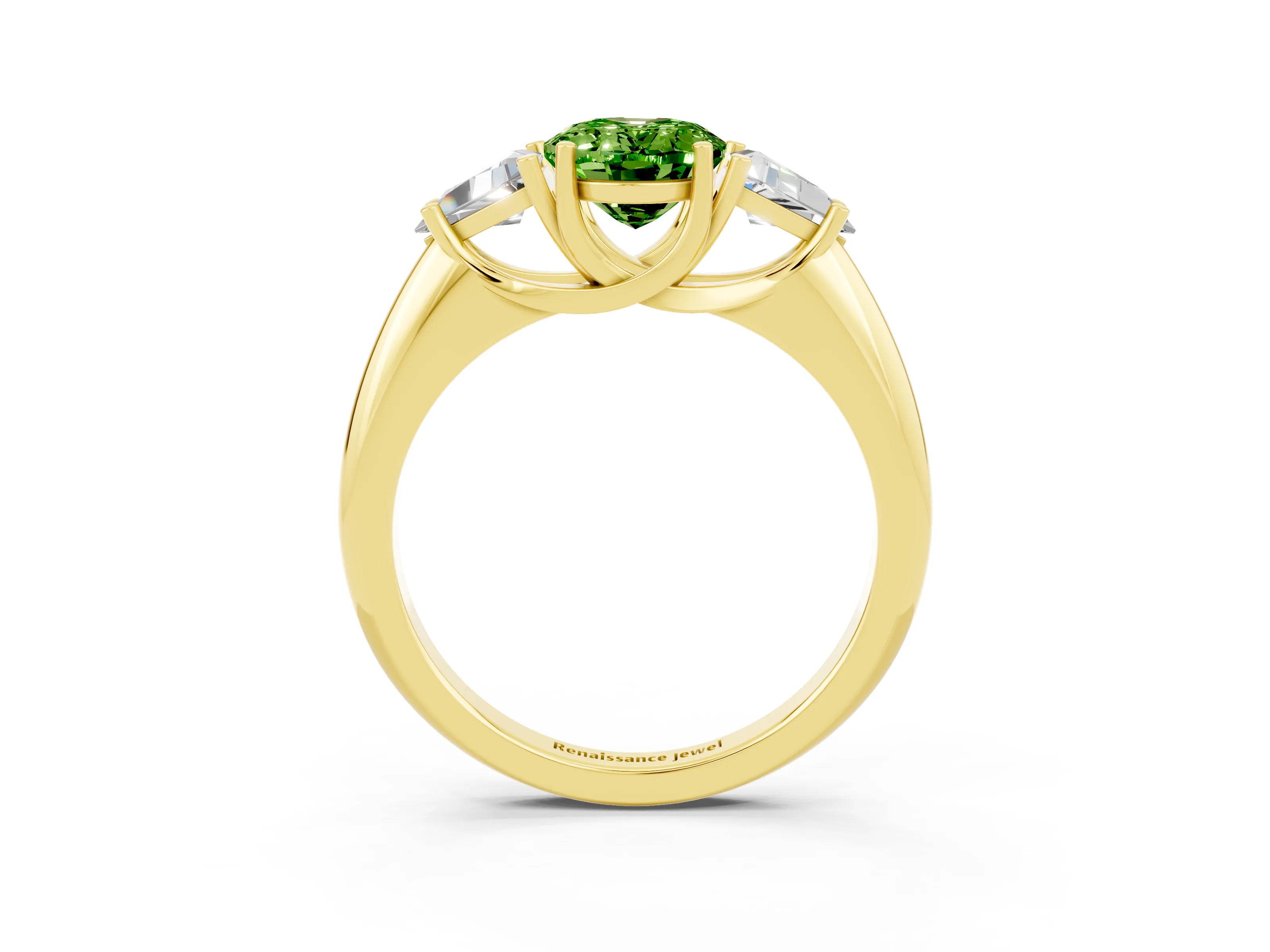 Yellow gold Three-Stone Oval Cut Cut Diamond Ring with Trillion Side Stones and Four-Prong Setting_3