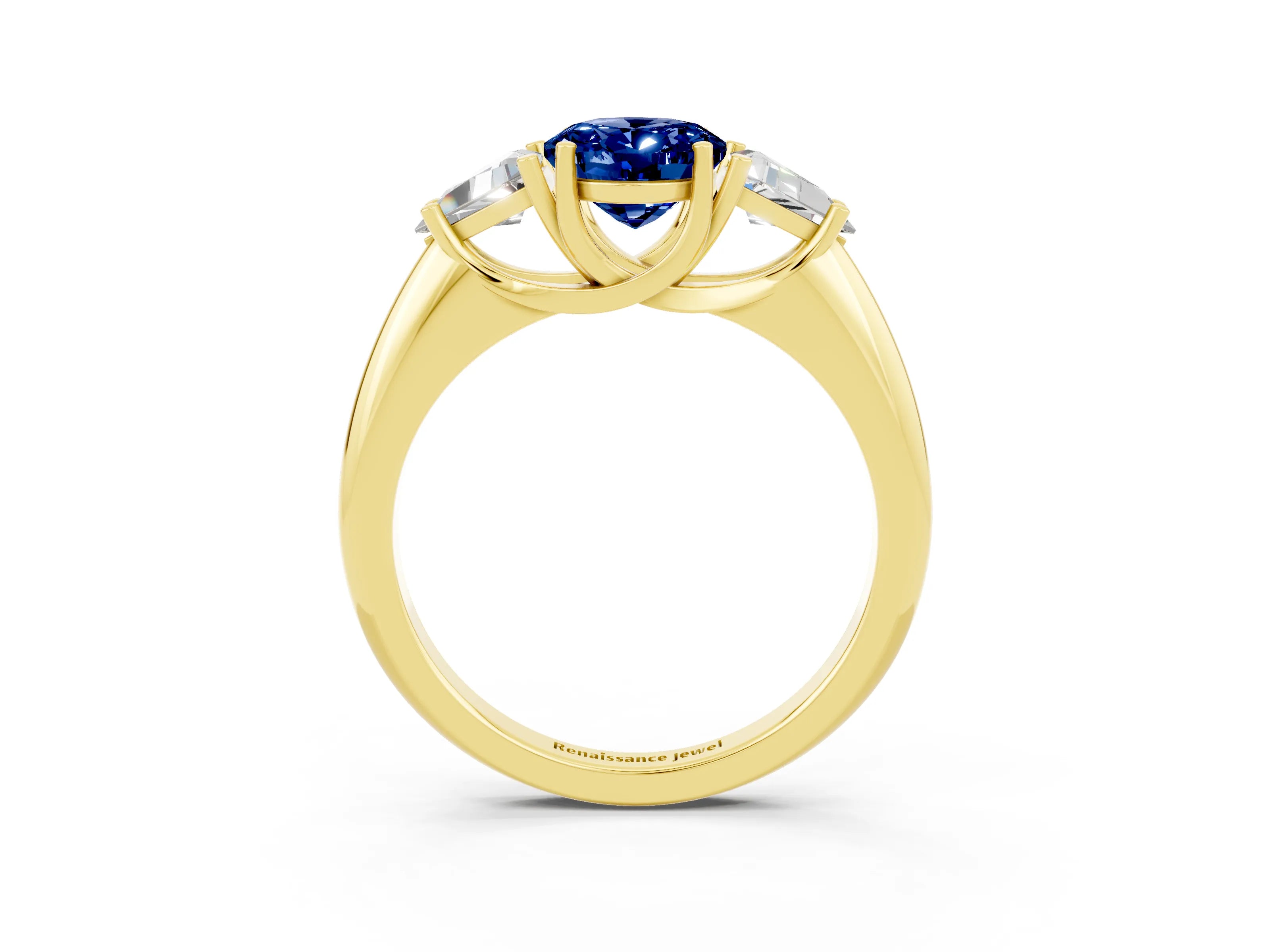 Yellow gold Three-Stone Oval Cut Cut Diamond Ring with Trillion Side Stones and Four-Prong Setting_3