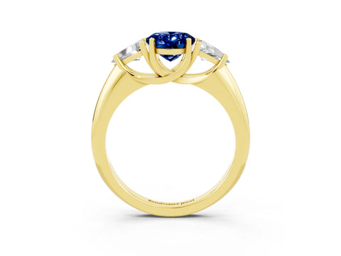 Yellow gold Three-Stone Oval Cut Cut Diamond Ring with Trillion Side Stones and Four-Prong Setting_3
