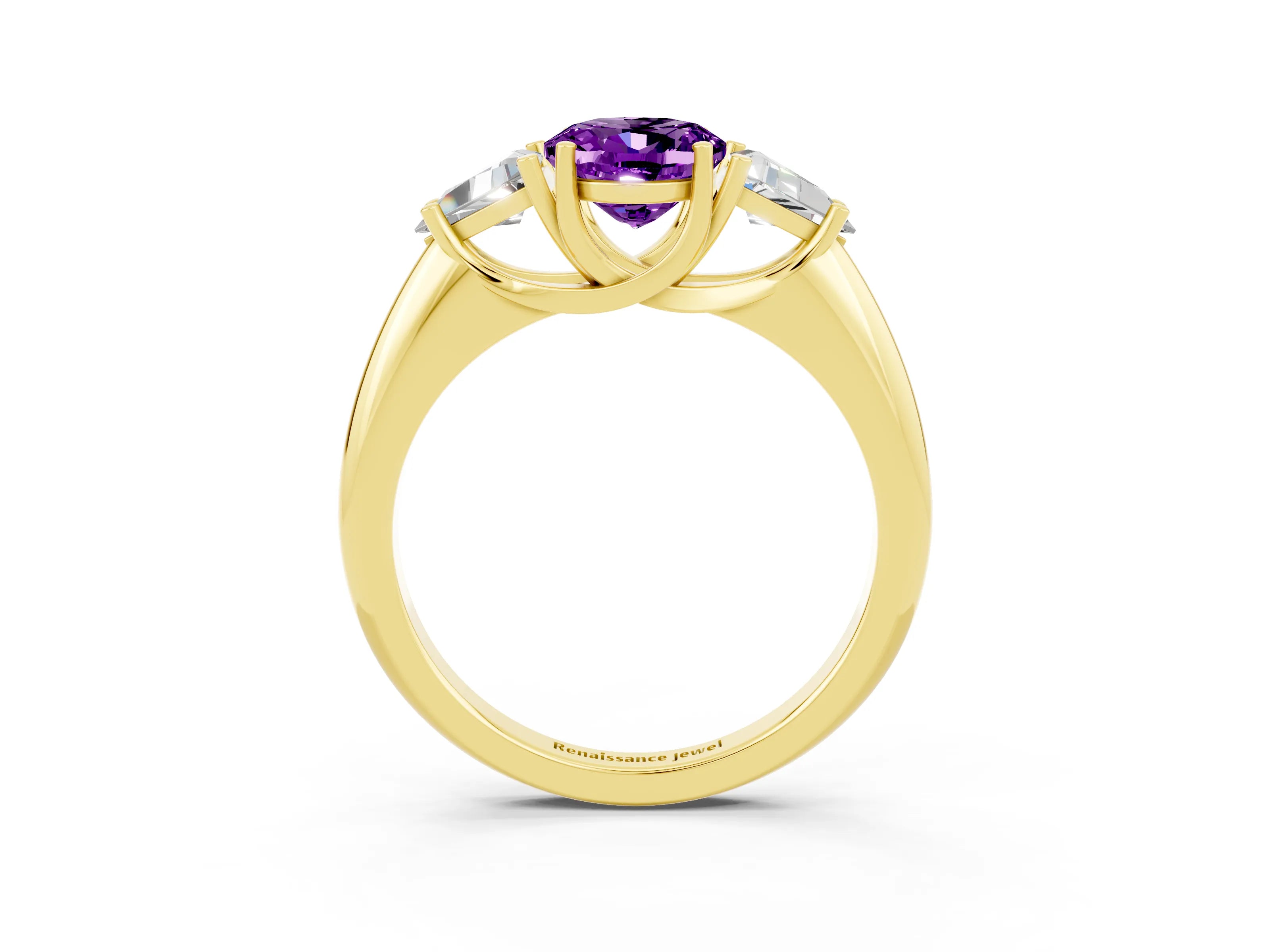 Yellow gold Three-Stone Oval Cut Cut Diamond Ring with Trillion Side Stones and Four-Prong Setting_3