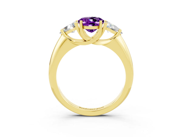 Yellow gold Three-Stone Oval Cut Amethyst Engagement Ring with Trillion Side Stones and Prong Setting