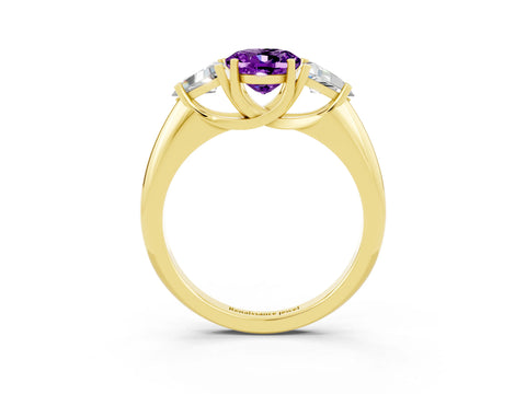 Yellow gold Three-Stone Oval Cut Cut Diamond Ring with Trillion Side Stones and Four-Prong Setting_3
