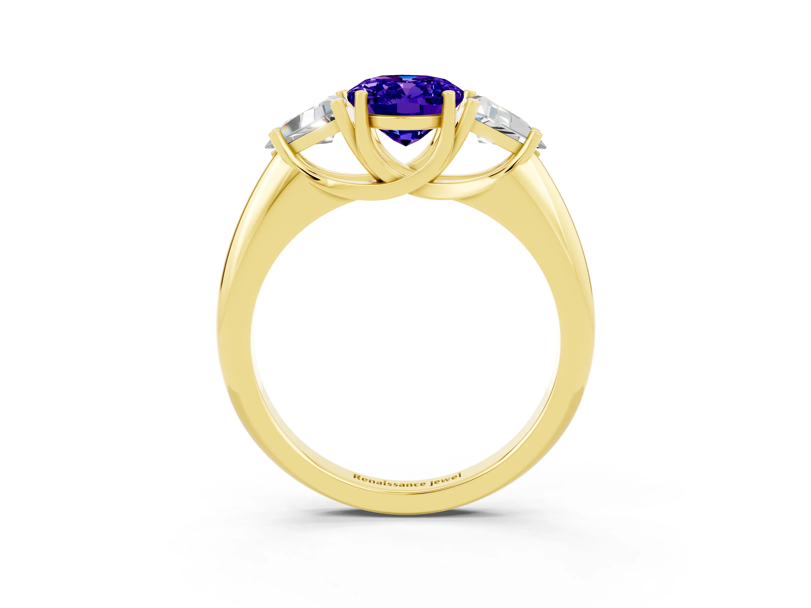 Yellow gold Three-Stone Oval Cut Cut Diamond Ring with Trillion Side Stones and Four-Prong Setting_3