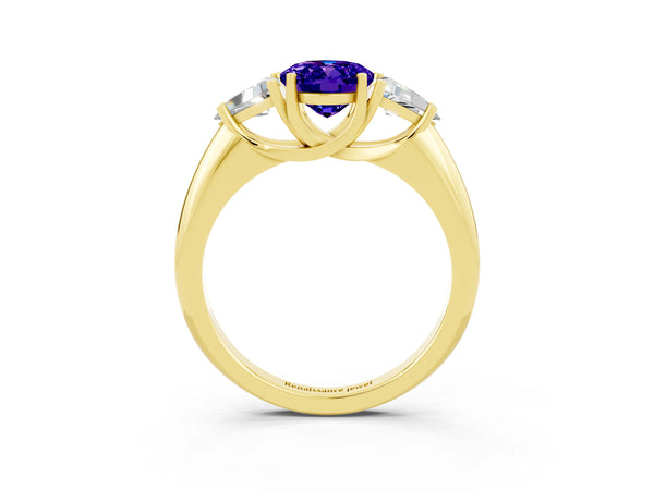 Yellow gold Three-Stone Oval Cut Tanzanite Engagement Ring with Trillion Side Stones and Prong Setting