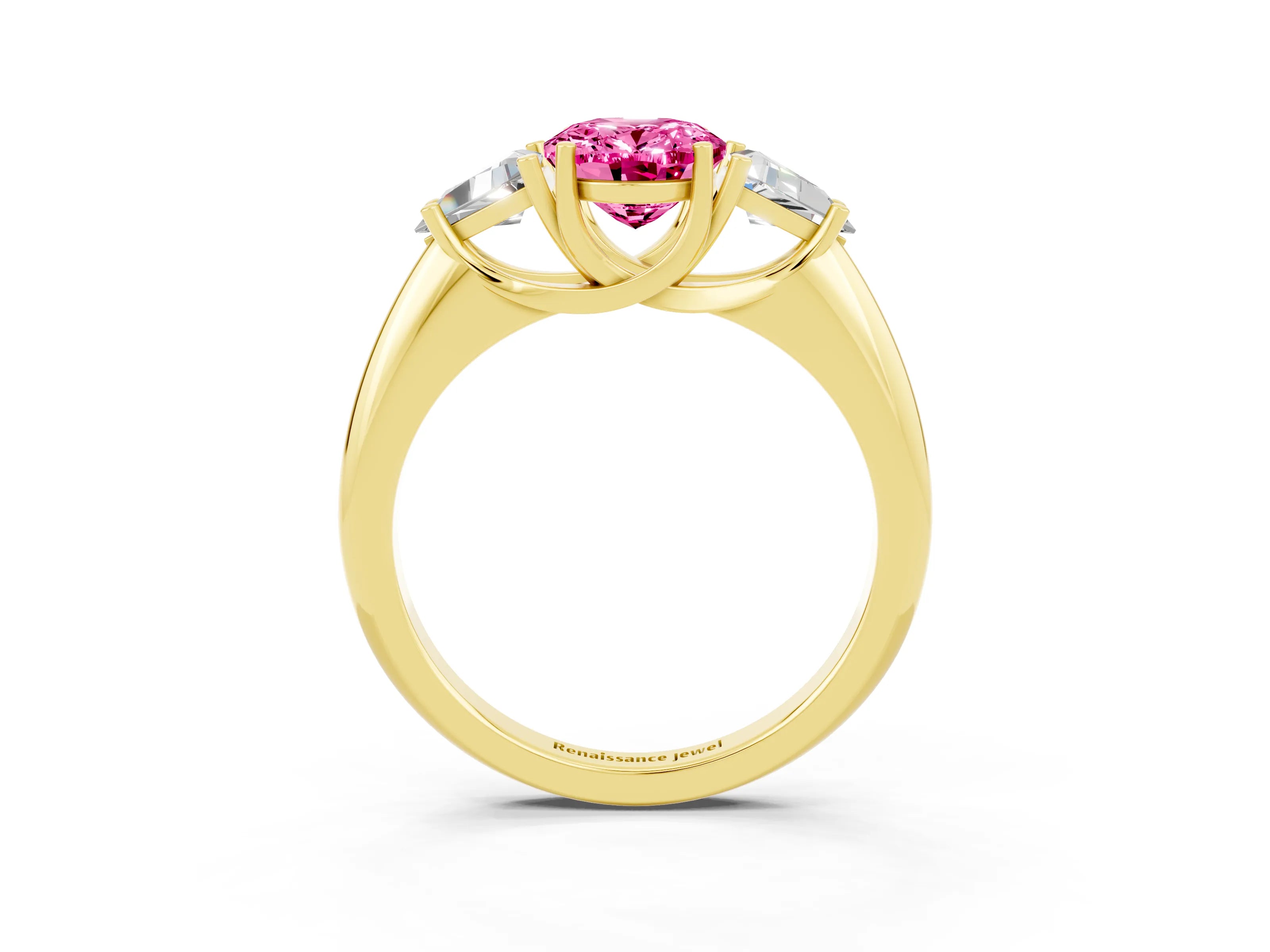 Yellow gold Three-Stone Oval Cut Cut Diamond Ring with Trillion Side Stones and Four-Prong Setting_3