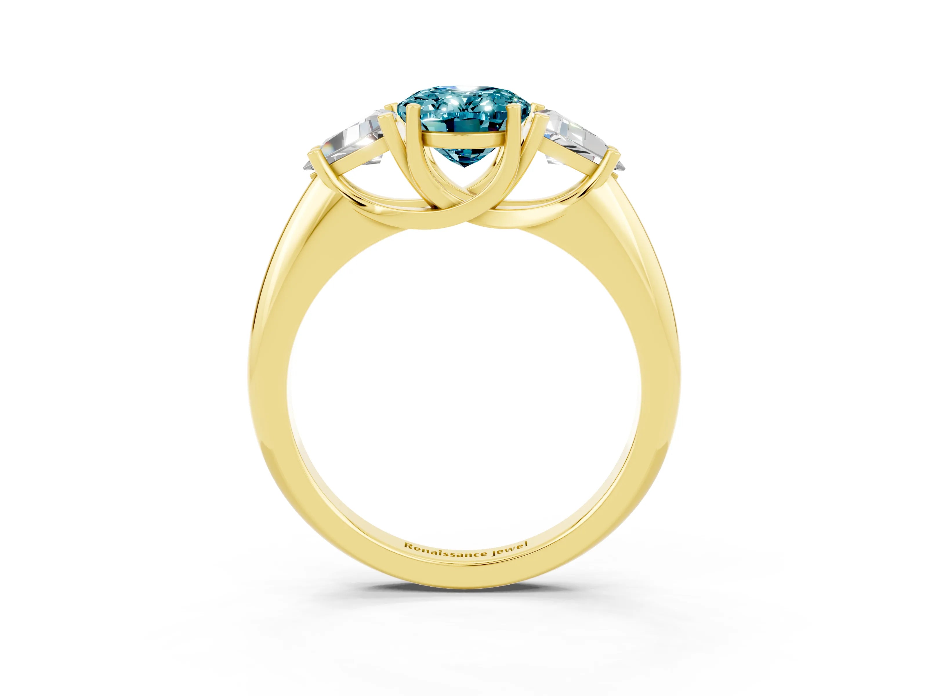 Yellow gold Three-Stone Oval Cut Cut Diamond Ring with Trillion Side Stones and Four-Prong Setting_3