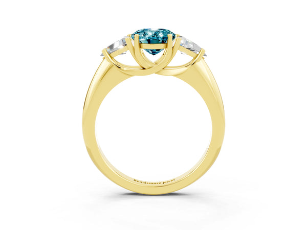 Yellow gold Three-Stone Oval Cut Cut Diamond Ring with Trillion Side Stones and Four-Prong Setting