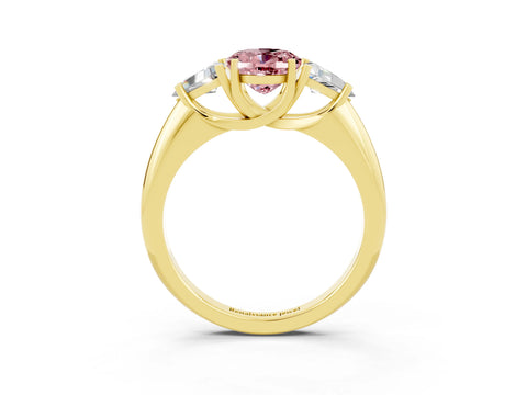 Yellow gold Three-Stone Oval Cut Cut Diamond Ring with Trillion Side Stones and Four-Prong Setting_3