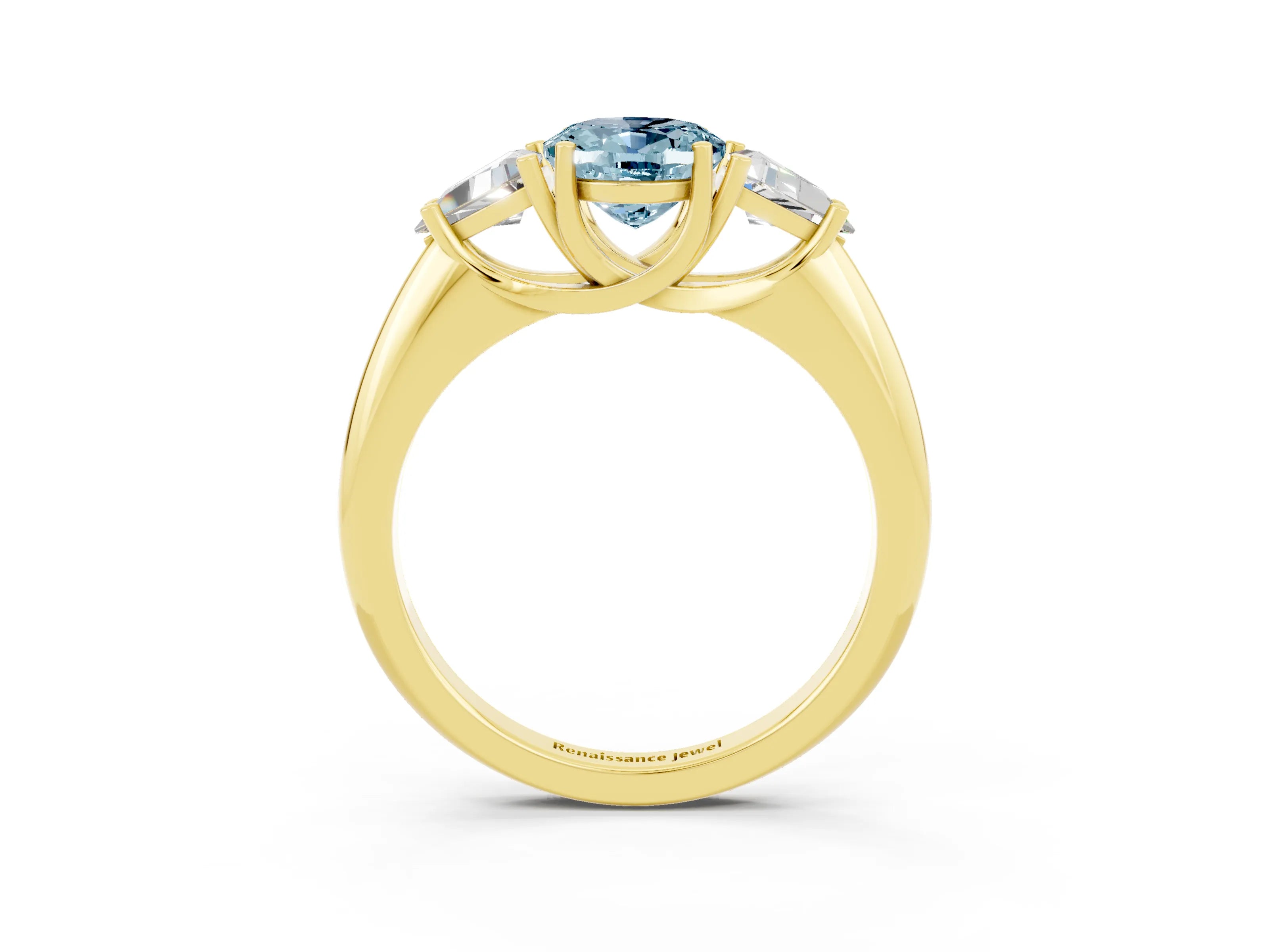Yellow gold Three-Stone Oval Cut Cut Diamond Ring with Trillion Side Stones and Four-Prong Setting_3