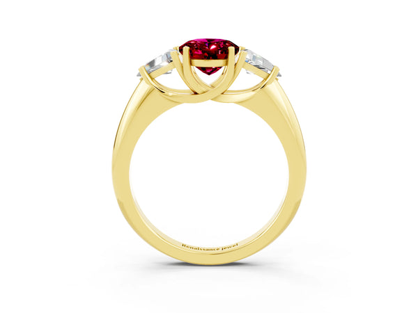 Yellow gold Three-Stone Oval Cut Garnet Engagement Ring with Trillion Side Stones and Prong Setting