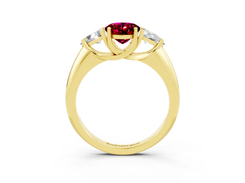 Yellow gold Three-Stone Oval Cut Cut Diamond Ring with Trillion Side Stones and Four-Prong Setting_3