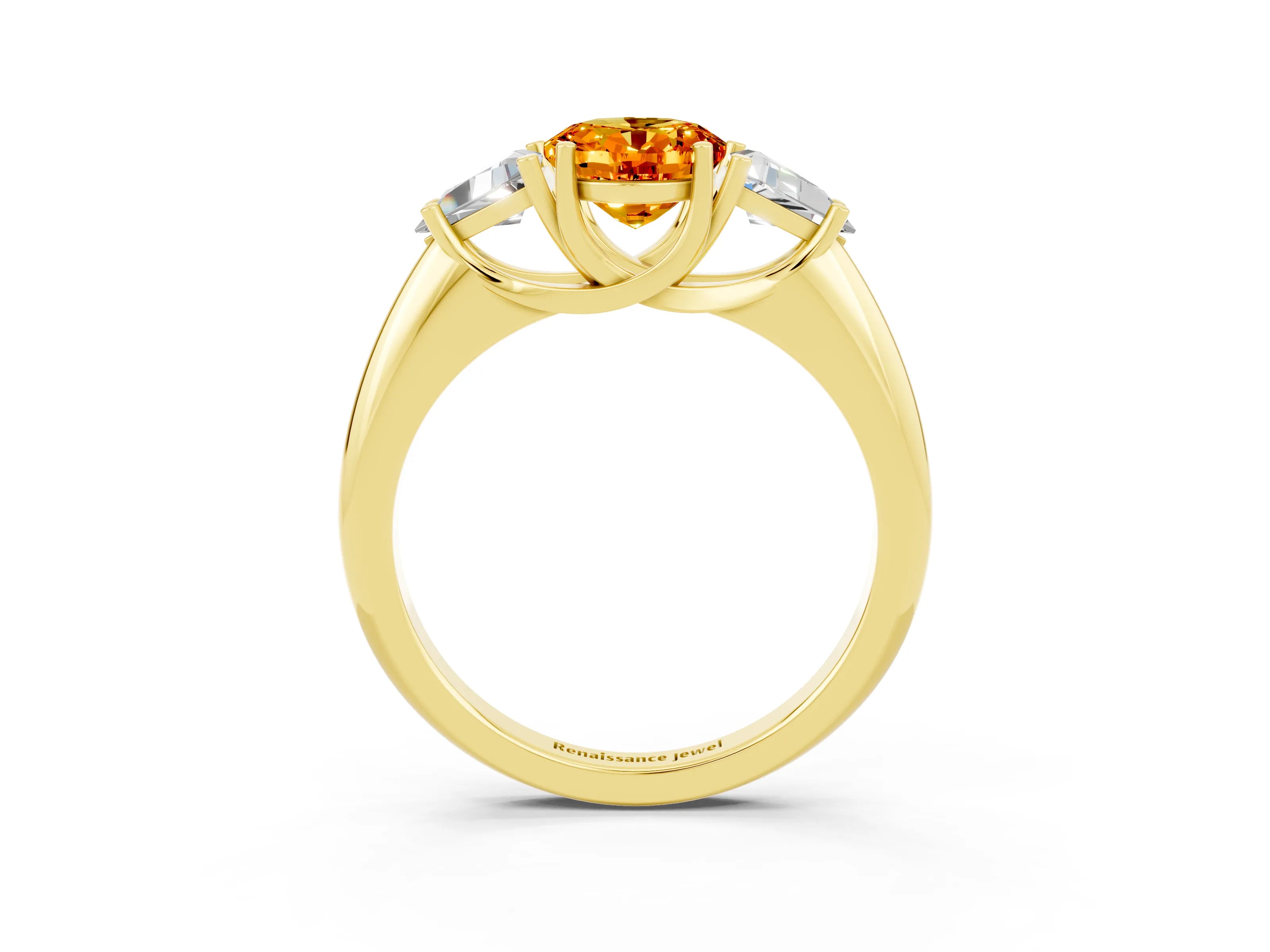 Yellow gold Three-Stone Oval Cut Cut Diamond Ring with Trillion Side Stones and Four-Prong Setting_3
