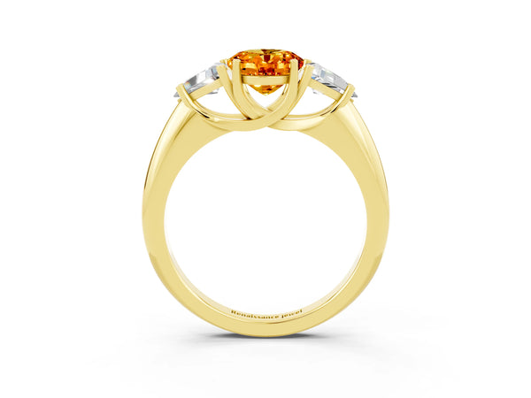 Yellow gold Three-Stone Oval Cut Citrine Engagement Ring with Trillion Side Stones and Prong Setting