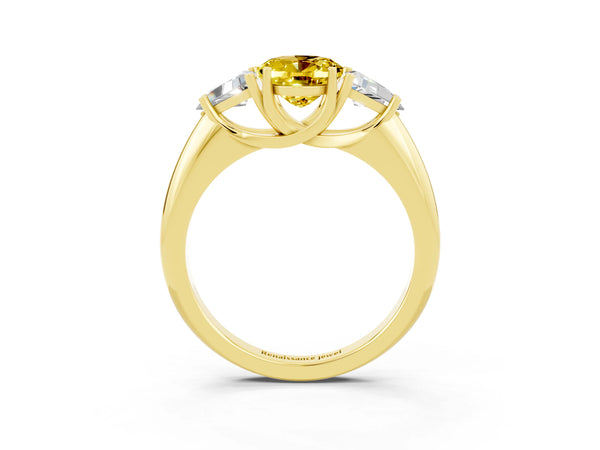 Yellow gold Three-Stone Oval Cut Yellow Sapphire Engagement Ring with Trillion Side Stones and Prong Setting