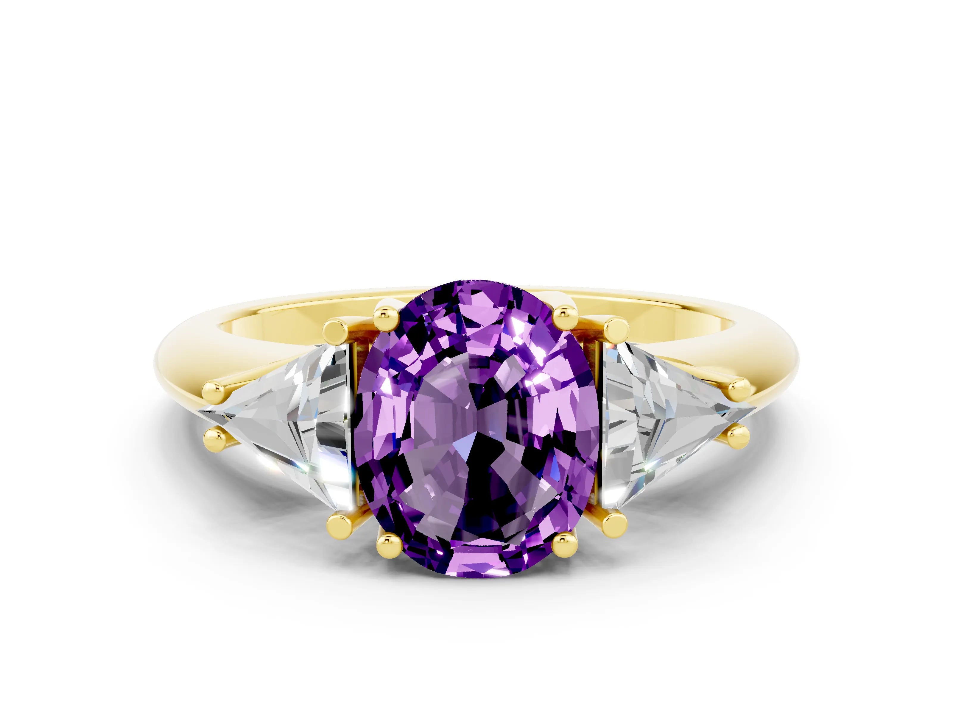Yellow gold Three-Stone Oval Cut Cut Diamond Ring with Trillion Side Stones and Four-Prong Setting
